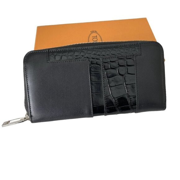 Tod's Italy Croc-embossed Black Leather Zip Wallet, XAMTTA0400M51B999 - Picture 7 of 8